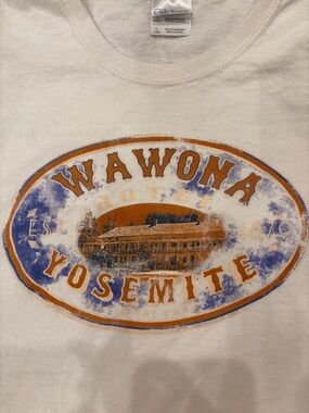 Vintage Gildan White Tee with Orange & Blue Wawona Yosemite Graphic